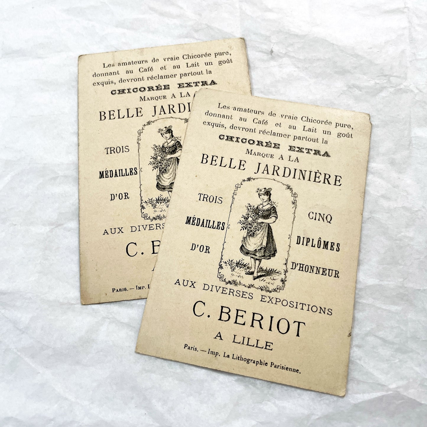 1900s - 2 French History Advertising Chromos - Henri II Fatal Joust - Francis II & Mary Stuart Wedding - Chicory Belle Jardinière Cards