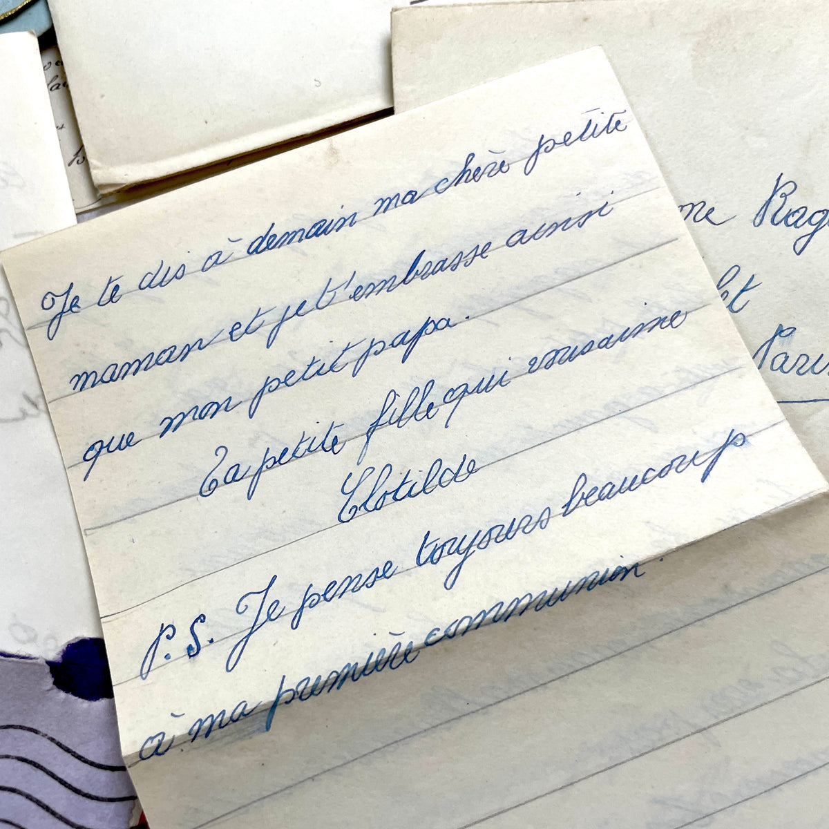 1930s French handwritten letters and envelopes set, featuring vintage stamps and elegant cursive script.