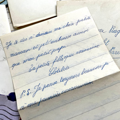 1930s French handwritten letters and envelopes set, featuring vintage stamps and elegant cursive script.