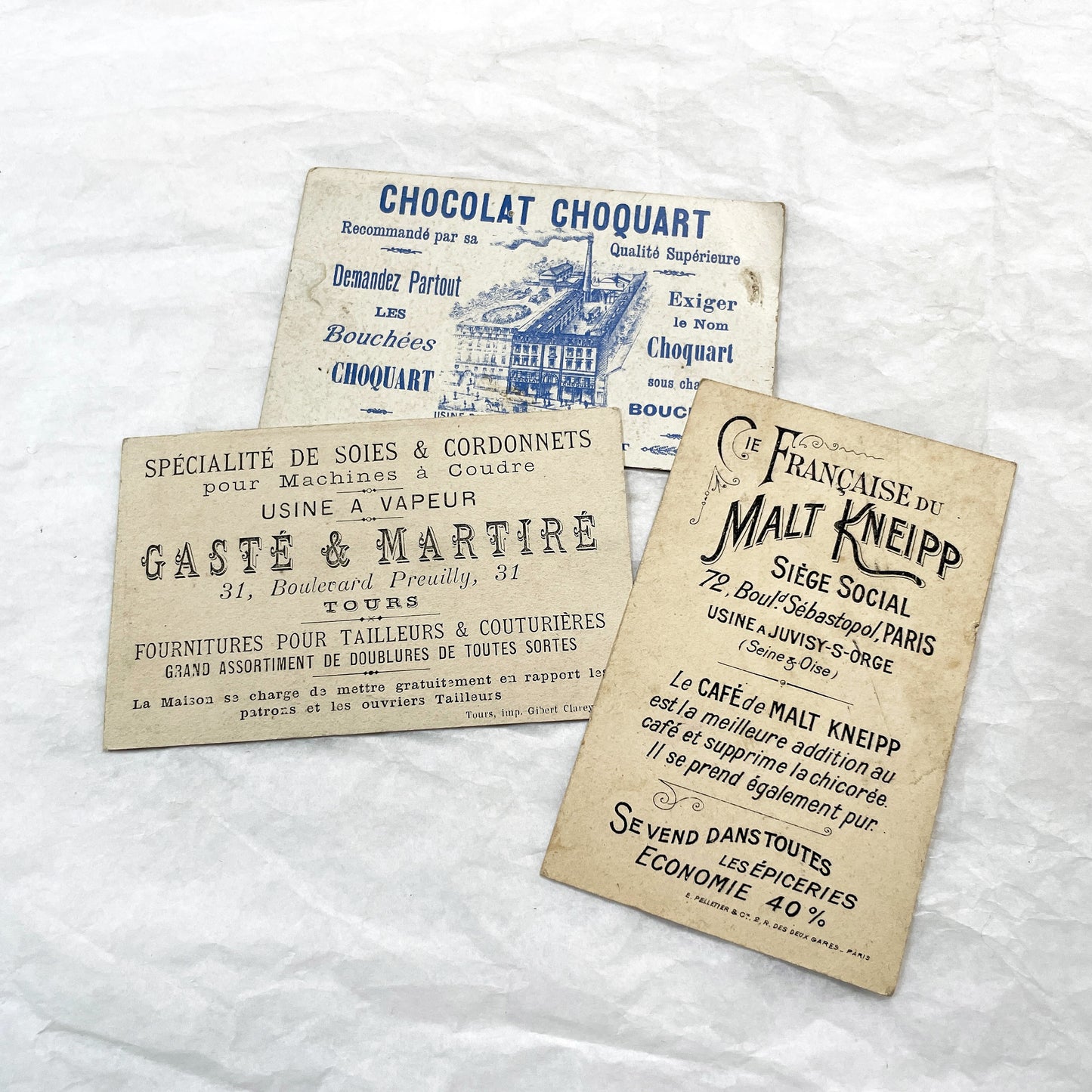 1900s - 3 Vintage French Advertising Trade Cards - Chocolat Choquart - Malt Kneipp - Gasté & Martiré - Harlequin - Miller's Riddle