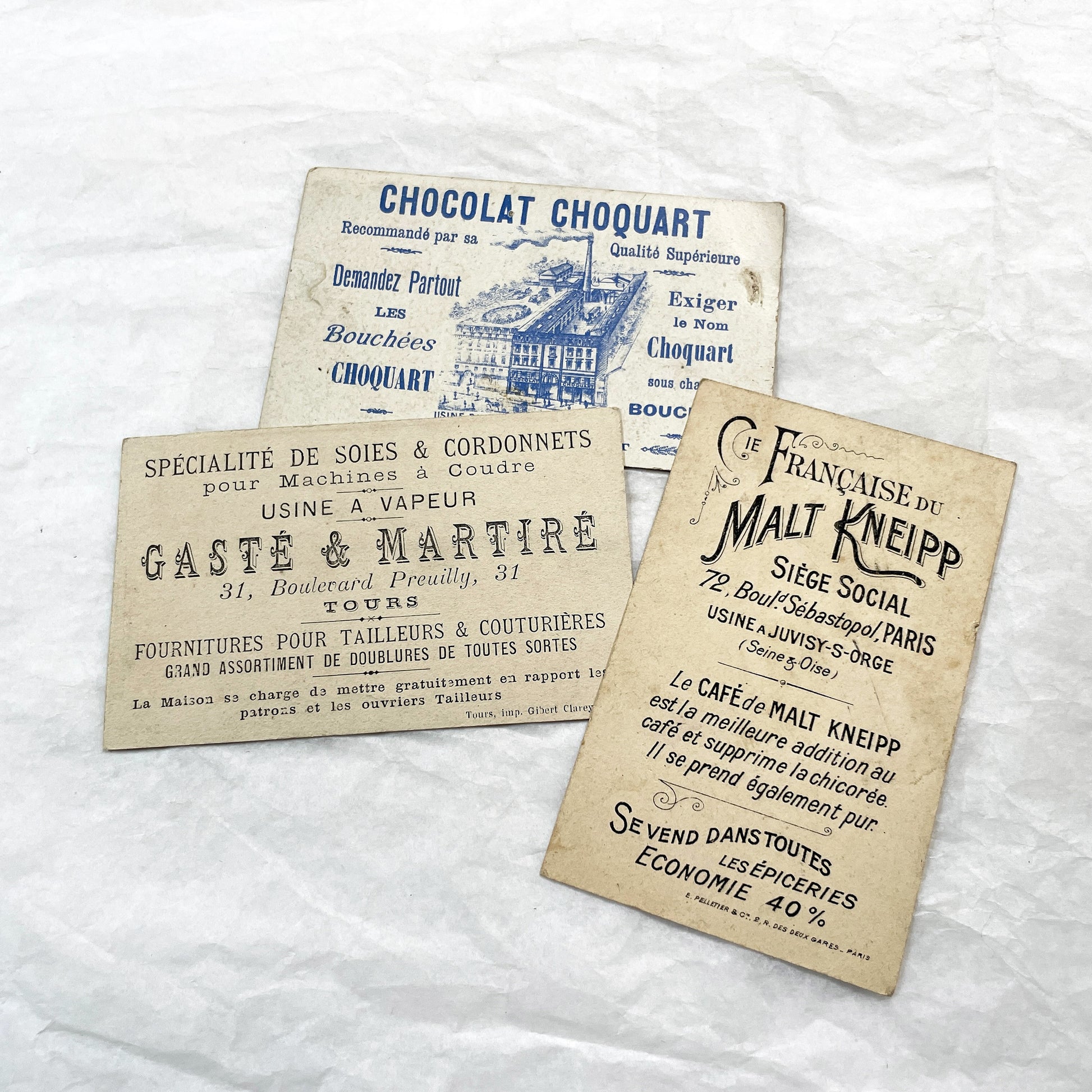1900s - 3 Vintage French Advertising Trade Cards - Chocolat Choquart - Malt Kneipp - Gasté & Martiré - Harlequin - Miller's Riddle