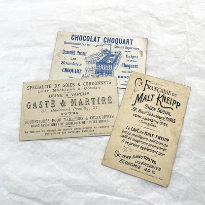 1900s - 3 Vintage French Advertising Trade Cards - Chocolat Choquart - Malt Kneipp - Gasté & Martiré - Harlequin - Miller's Riddle