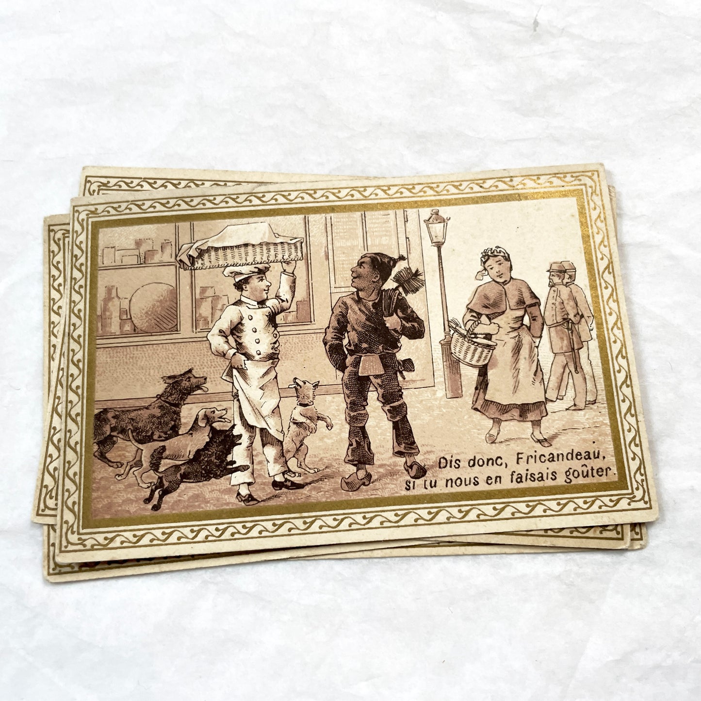 1900s - 6 French Advertising Trade Cards - Antique Ephemera with Illustrations - Charles Thibault Chemiserie - Historical Humorous Scenes