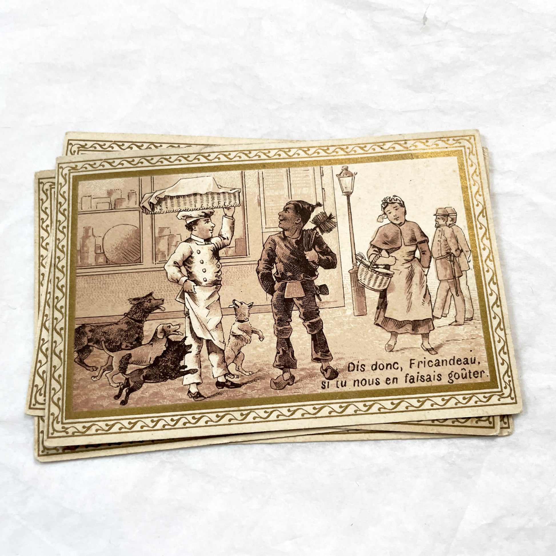 1900s - 6 French Advertising Trade Cards - Antique Ephemera with Illustrations - Charles Thibault Chemiserie - Historical Humorous Scenes