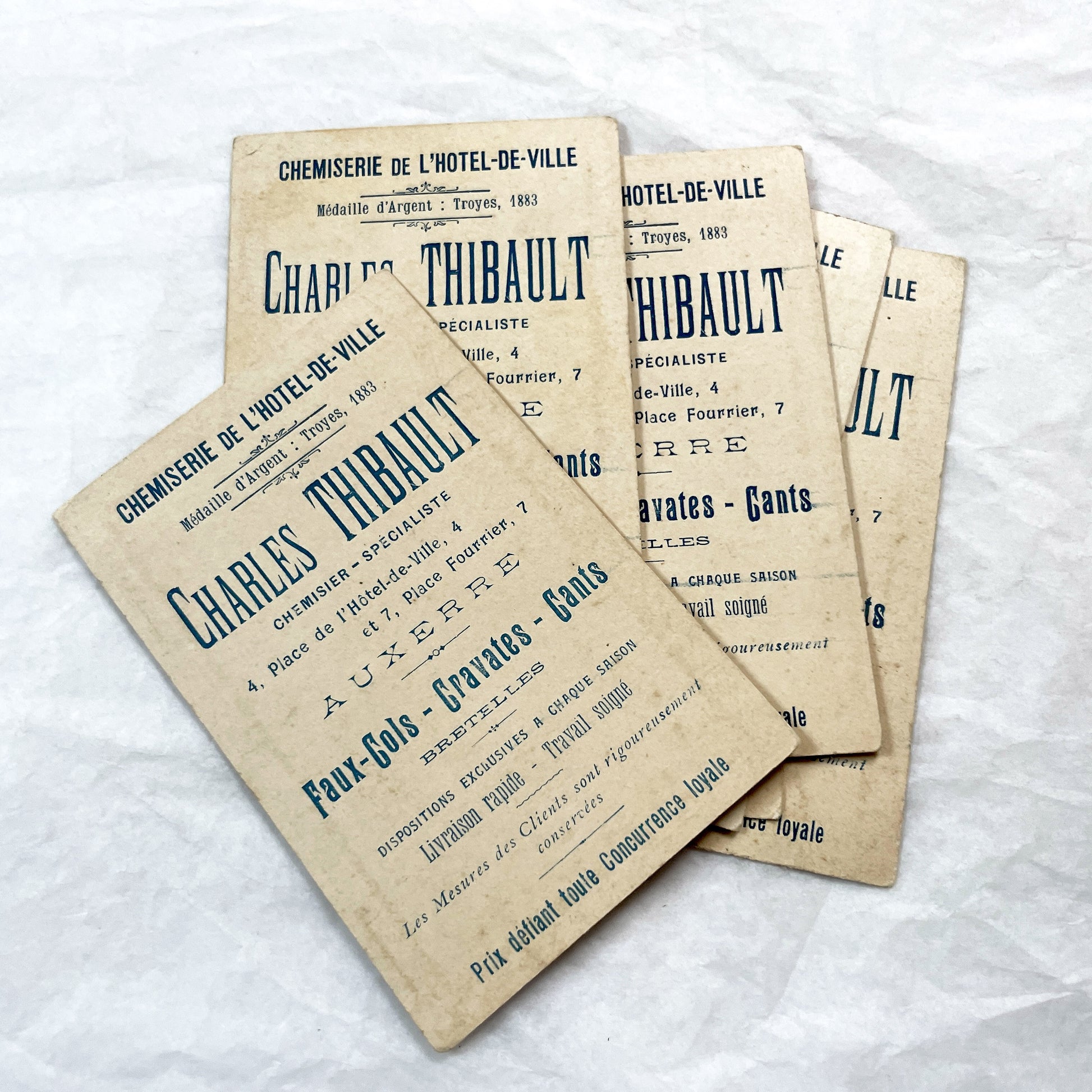 1900s - 6 French Advertising Trade Cards - Antique Ephemera with Illustrations - Charles Thibault Chemiserie - Historical Humorous Scenes