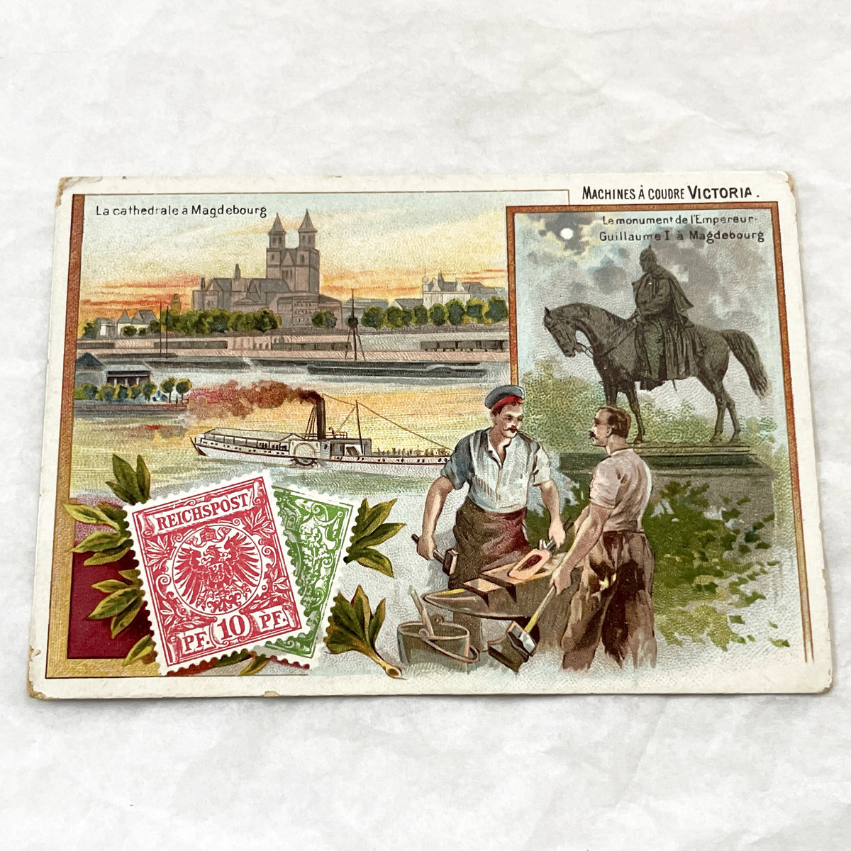 1900s - 2 Victoria Sewing Machine Advertising Chromos - German Magdeburg - Russian Moscow Views - Historic European Landmark Collectibles