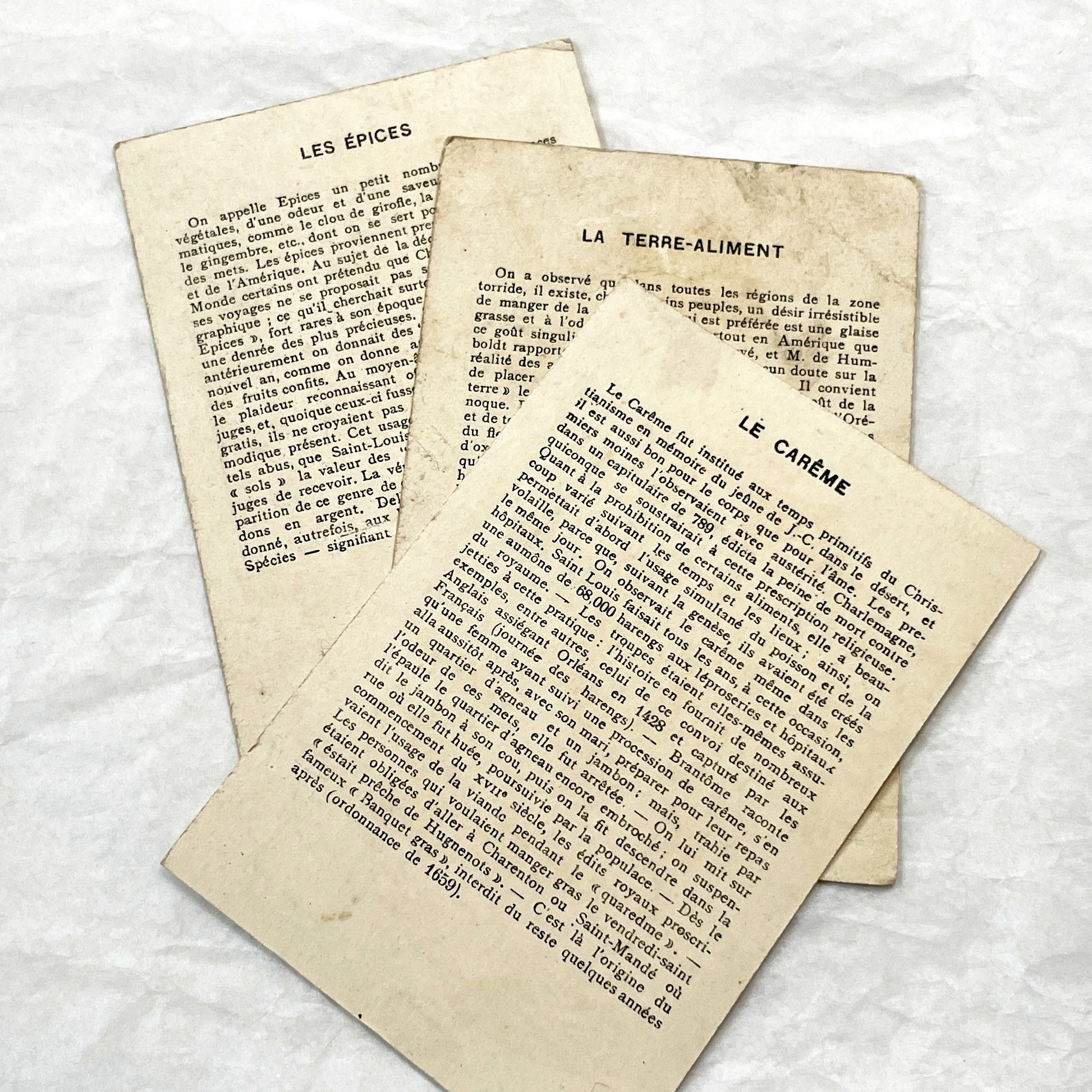 Late 19th - 3 Antique French Educational Chromo Cards - Anecdotal Food History Series - Cultural Vintage Ephemera Collectible Set