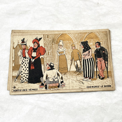 1900s - 3 Antique French Advertising Trade Cards - Commedia dell'Arte - Humorous Scenes - French Grocer & Malt Kneipp Advertisements