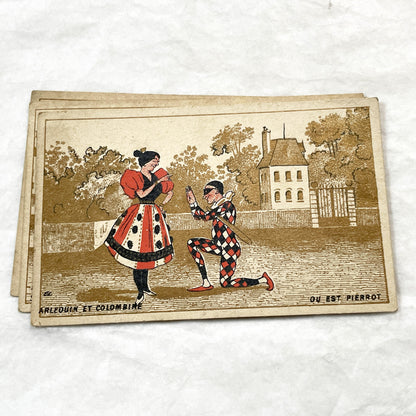 1900s - 3 Antique French Advertising Trade Cards - Commedia dell'Arte - Humorous Scenes - French Grocer & Malt Kneipp Advertisements