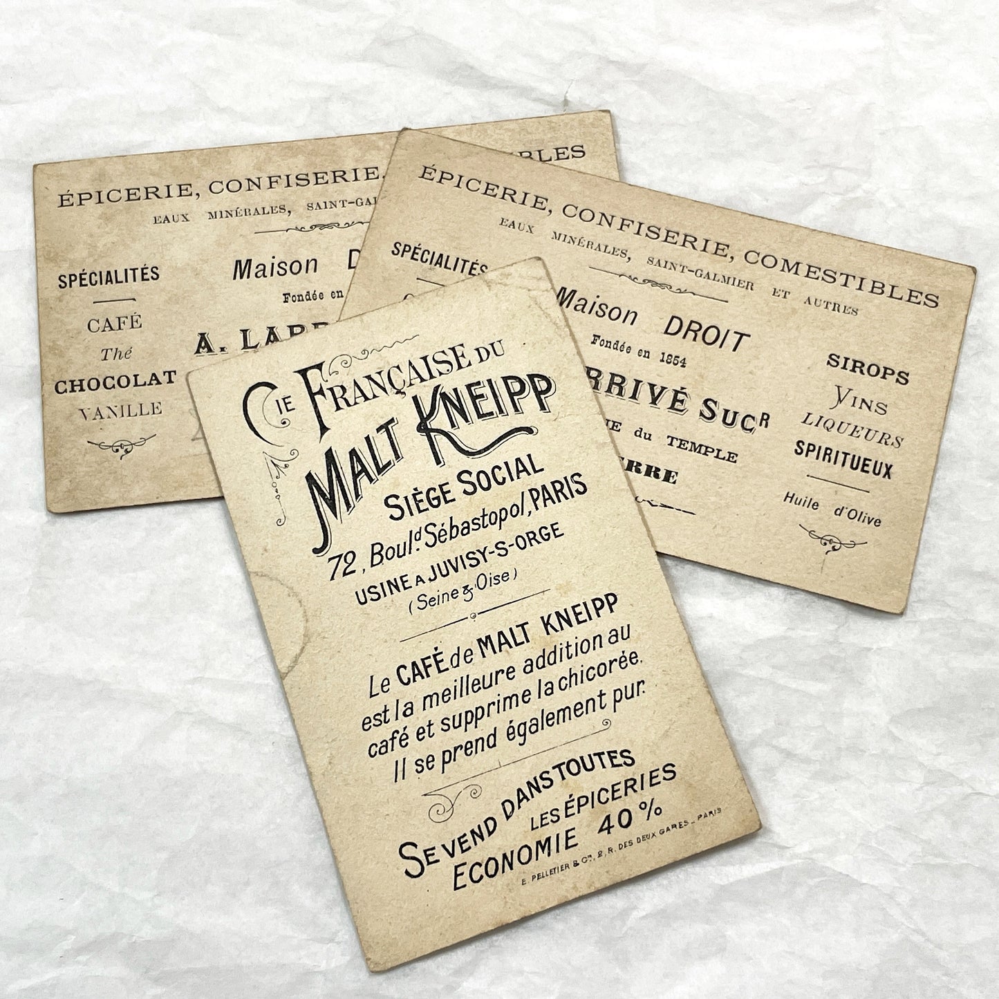 1900s - 3 Antique French Advertising Trade Cards - Commedia dell'Arte - Humorous Scenes - French Grocer & Malt Kneipp Advertisements