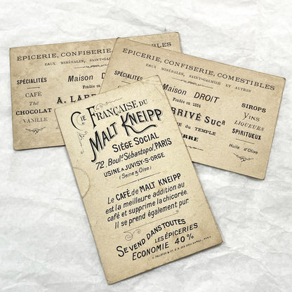 1900s - 3 Antique French Advertising Trade Cards - Commedia dell'Arte - Humorous Scenes - French Grocer & Malt Kneipp Advertisements
