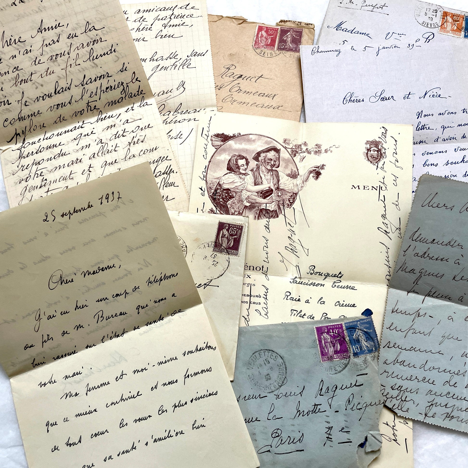 Set of 5 vintage 1930s French letters and envelopes with handwritten text, historic stamps, and clear postmarks.