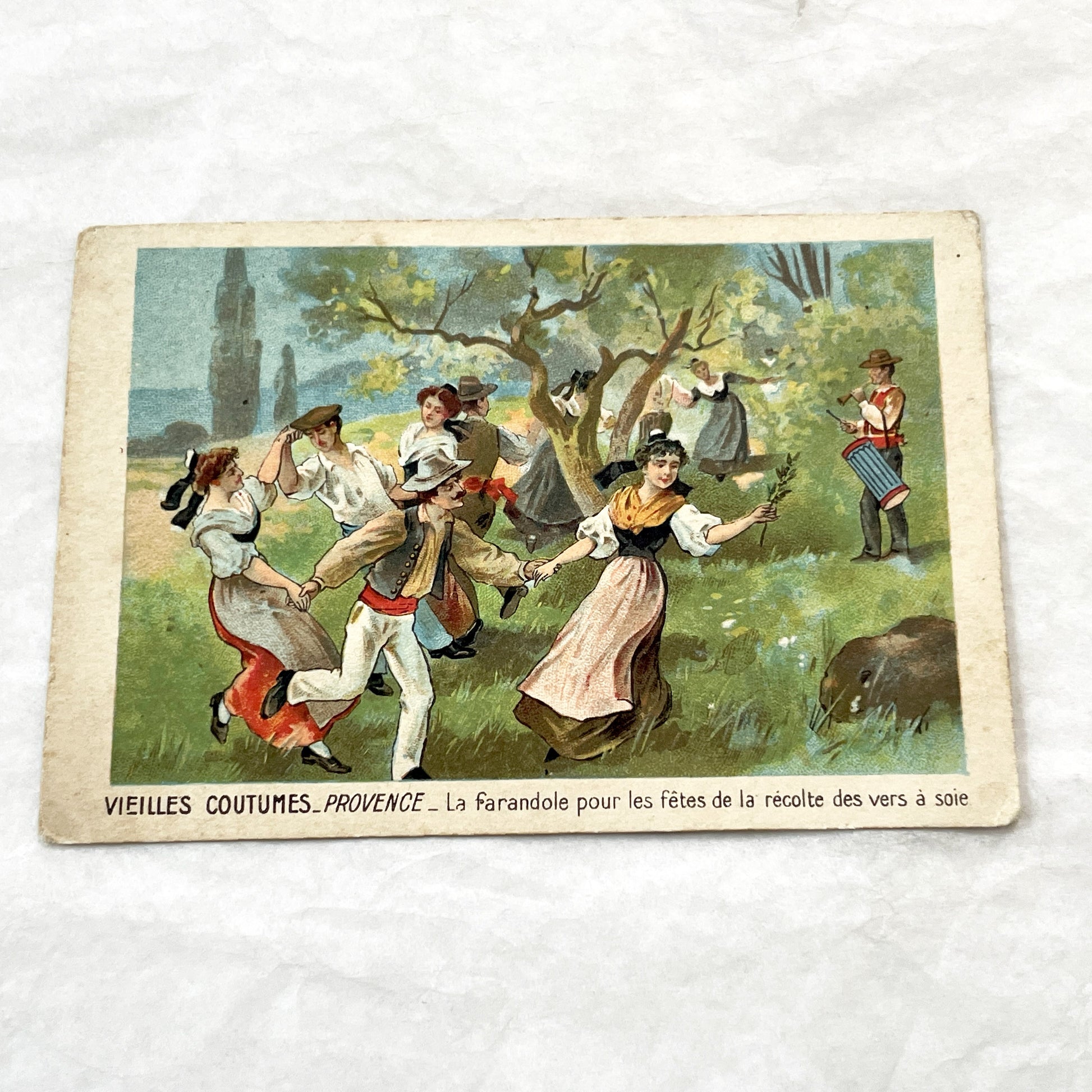 1900s - 2 French Traditional Customs Chromos - Vintage Paris Mid-Lent Procession and Provence Silkworm Harvest Farandole Dance Cards