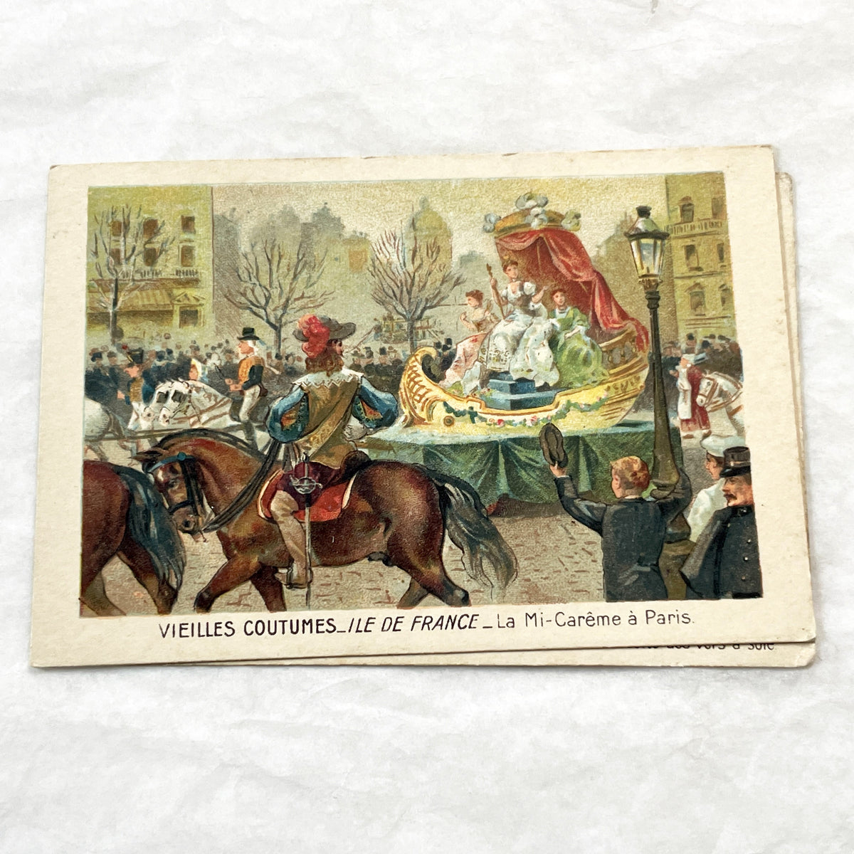 1900s - 2 French Traditional Customs Chromos - Vintage Paris Mid-Lent Procession and Provence Silkworm Harvest Farandole Dance Cards