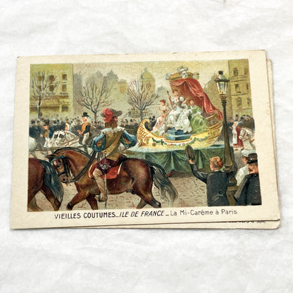 1900s - 2 French Traditional Customs Chromos - Vintage Paris Mid-Lent Procession and Provence Silkworm Harvest Farandole Dance Cards