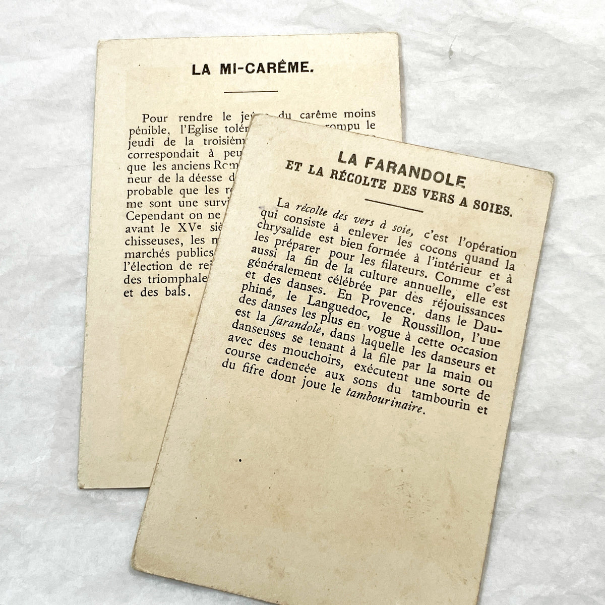 1900s - 2 French Traditional Customs Chromos - Vintage Paris Mid-Lent Procession and Provence Silkworm Harvest Farandole Dance Cards