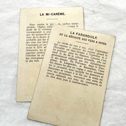 1900s - 2 French Traditional Customs Chromos - Vintage Paris Mid-Lent Procession and Provence Silkworm Harvest Farandole Dance Cards