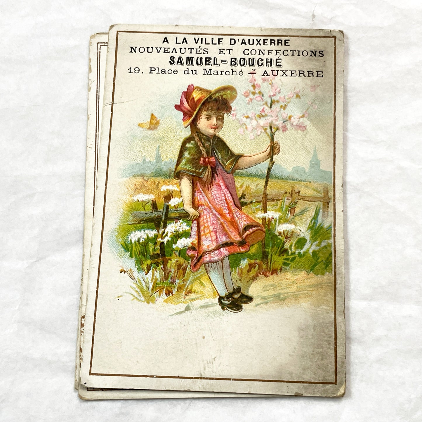 Late 19th -3 French Trade Cards - Samuel-Bouché Auxerre - Vintage Advertising Ephemera - Children Illustrations - Fashion Store Promo