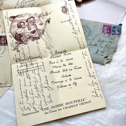 Set of 5 vintage 1930s French letters and envelopes with handwritten text, historic stamps, and clear postmarks.