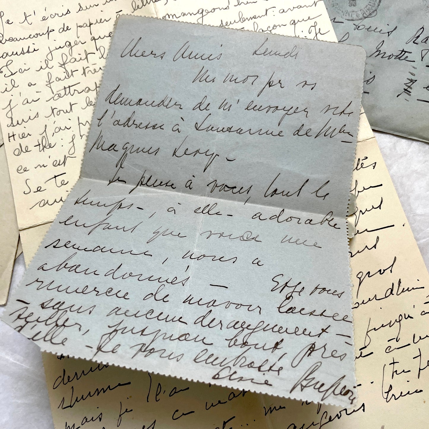 Set of 5 vintage 1930s French letters and envelopes with handwritten text, historic stamps, and clear postmarks.