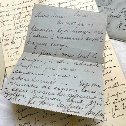 Set of 5 vintage 1930s French letters and envelopes with handwritten text, historic stamps, and clear postmarks.