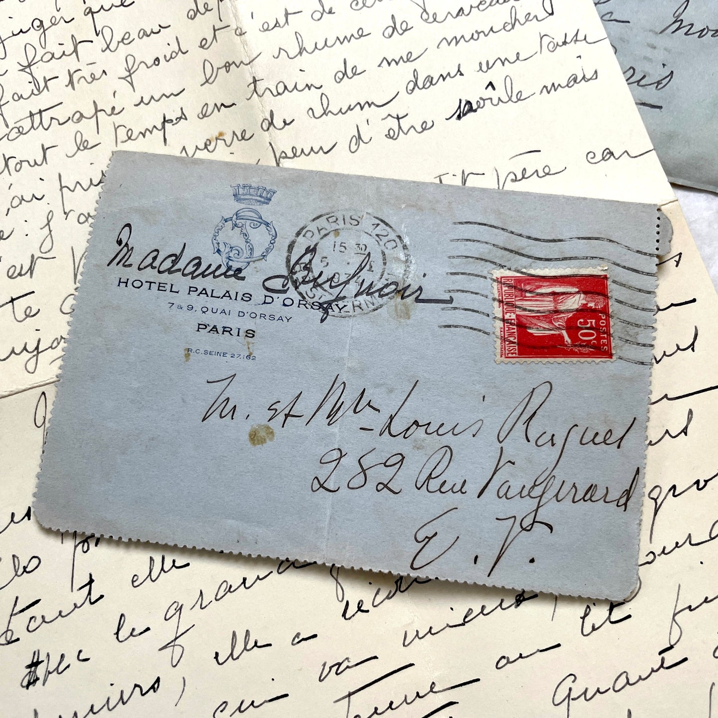Set of 5 vintage 1930s French letters and envelopes with handwritten text, historic stamps, and clear postmarks.