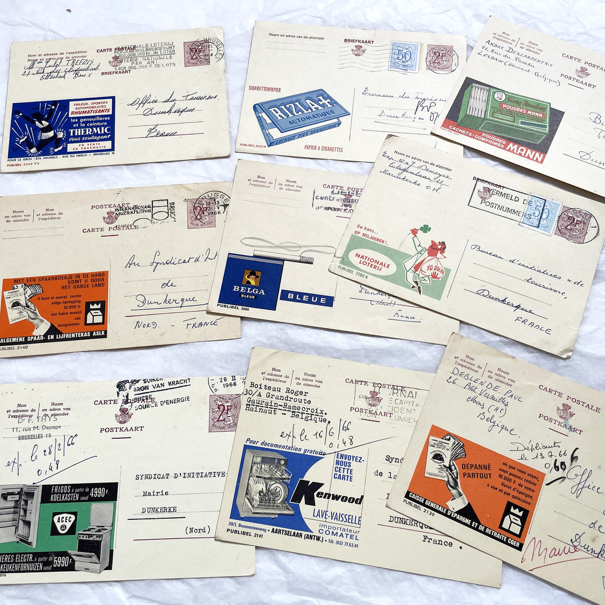 1960s - 9 Vintage Belgian Advertising Postcards - Mixed Ads Ephemera - French Destination Collectible Briefkaarten - Old Docs