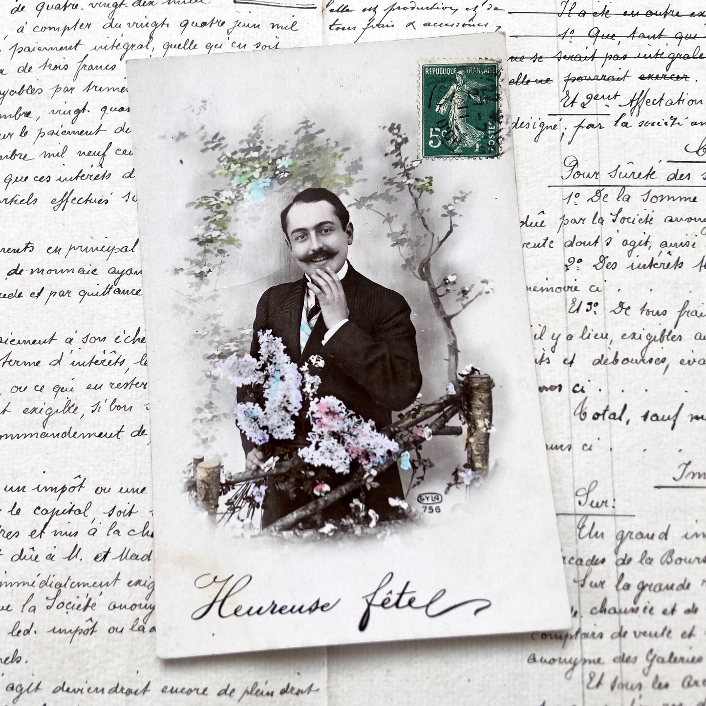 1900s - Vintage French Postcard - Elegant Gentleman Portrait - Hand Tinted Flowers - Charming 'Heureuse Fete!' Greeting