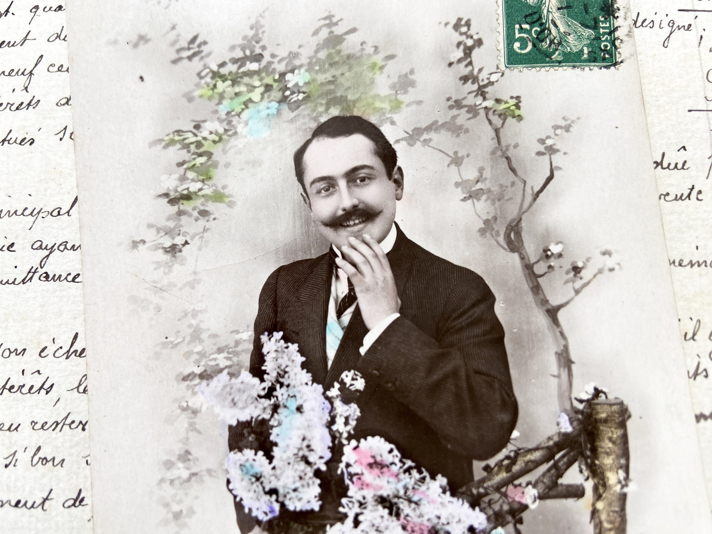1900s - Vintage French Postcard - Elegant Gentleman Portrait - Hand Tinted Flowers - Charming 'Heureuse Fete!' Greeting