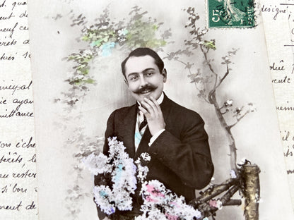 1900s - Vintage French Postcard - Elegant Gentleman Portrait - Hand Tinted Flowers - Charming 'Heureuse Fete!' Greeting