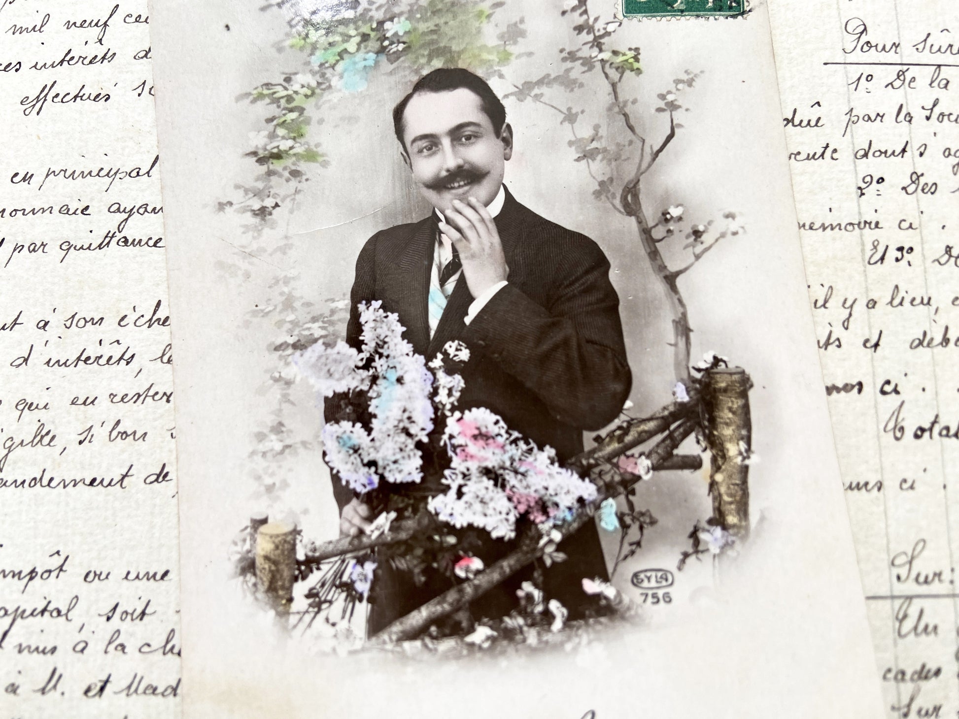 1900s - Vintage French Postcard - Elegant Gentleman Portrait - Hand Tinted Flowers - Charming 'Heureuse Fete!' Greeting