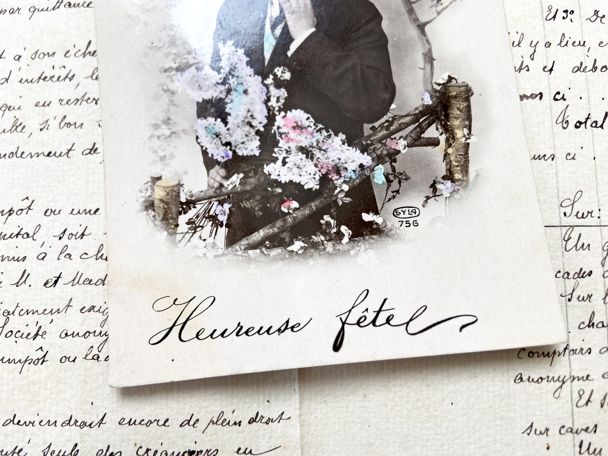 1900s - Vintage French Postcard - Elegant Gentleman Portrait - Hand Tinted Flowers - Charming 'Heureuse Fete!' Greeting