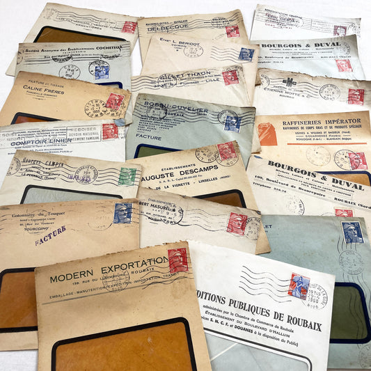 1950s - Lot of 20 Vintage French Business Envelopes – 1950s/1960s Ephemera for Junk Journals, Collage & Paper Crafts