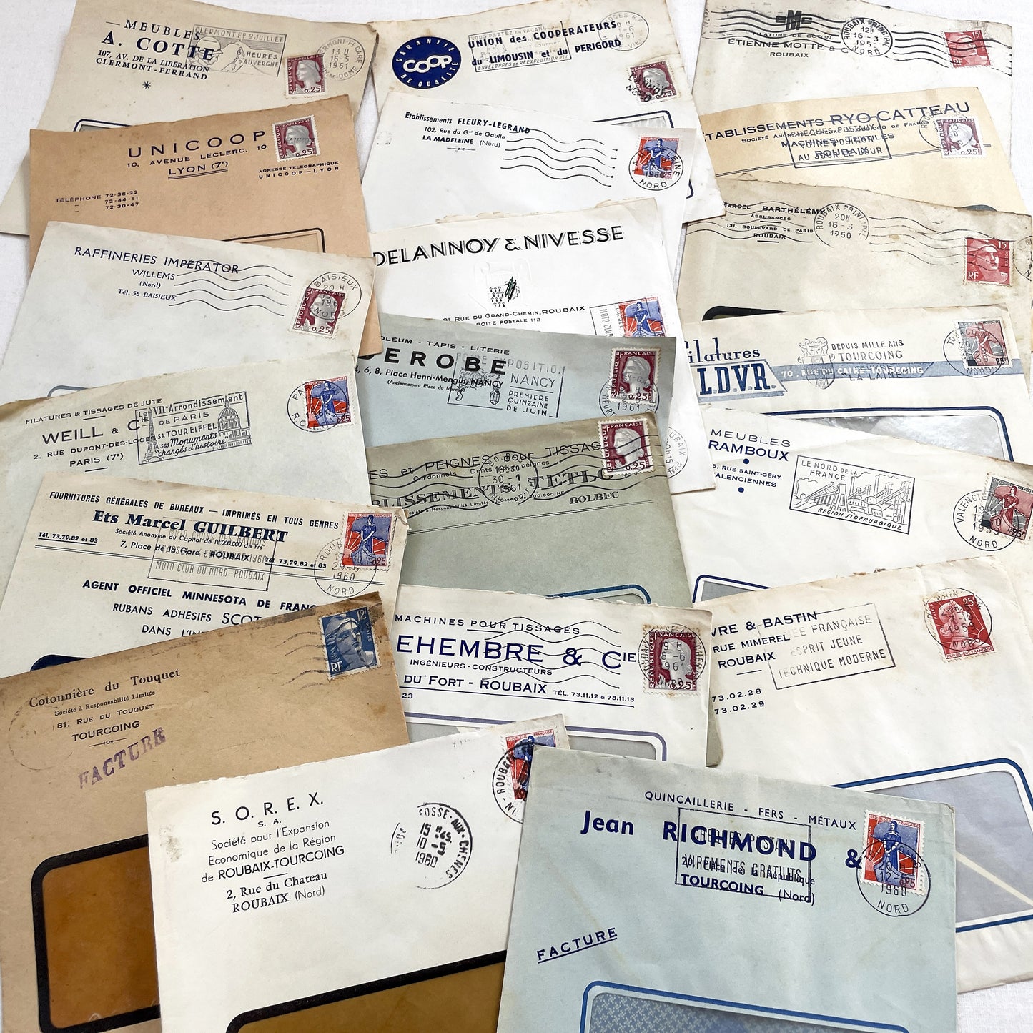 1950s - Lot of 20 Vintage French Business Envelopes – 1950s/1960s Ephemera for Junk Journals, Collage & Paper Crafts