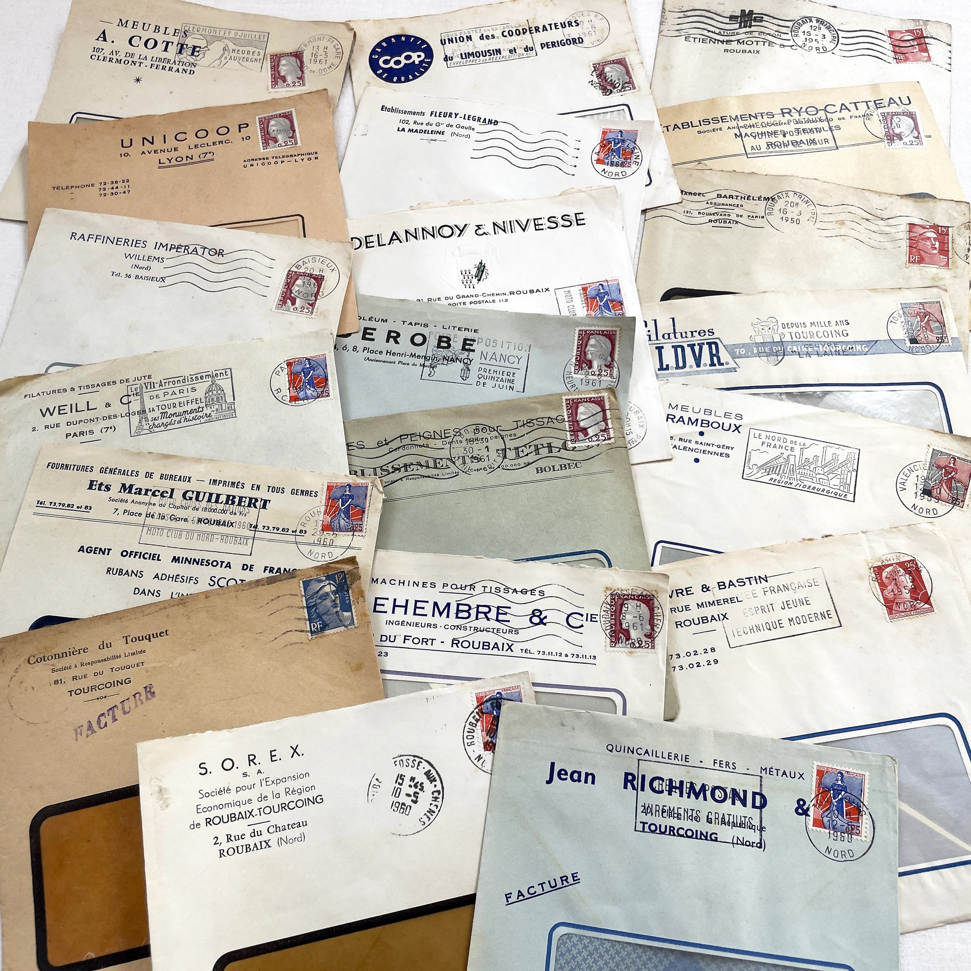 1950s - Lot of 20 Vintage French Business Envelopes – 1950s/1960s Ephemera for Junk Journals, Collage & Paper Crafts