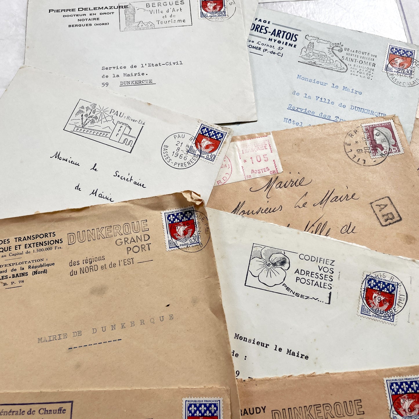 1960s - 20 Vintage French Envelopes Collection - Dunkerque - Historical Ephemera - French Mail - Old Paper Documents - Mid-Century Office
