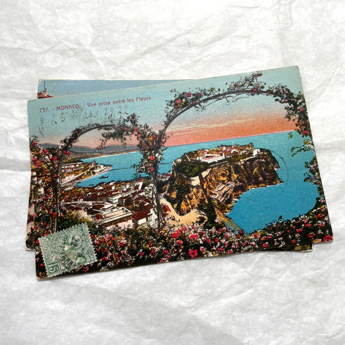 Vintage 1920s French postcard lot of Monaco and Monte-Carlo, featuring scenic coastal views with lush flowers and palm trees.