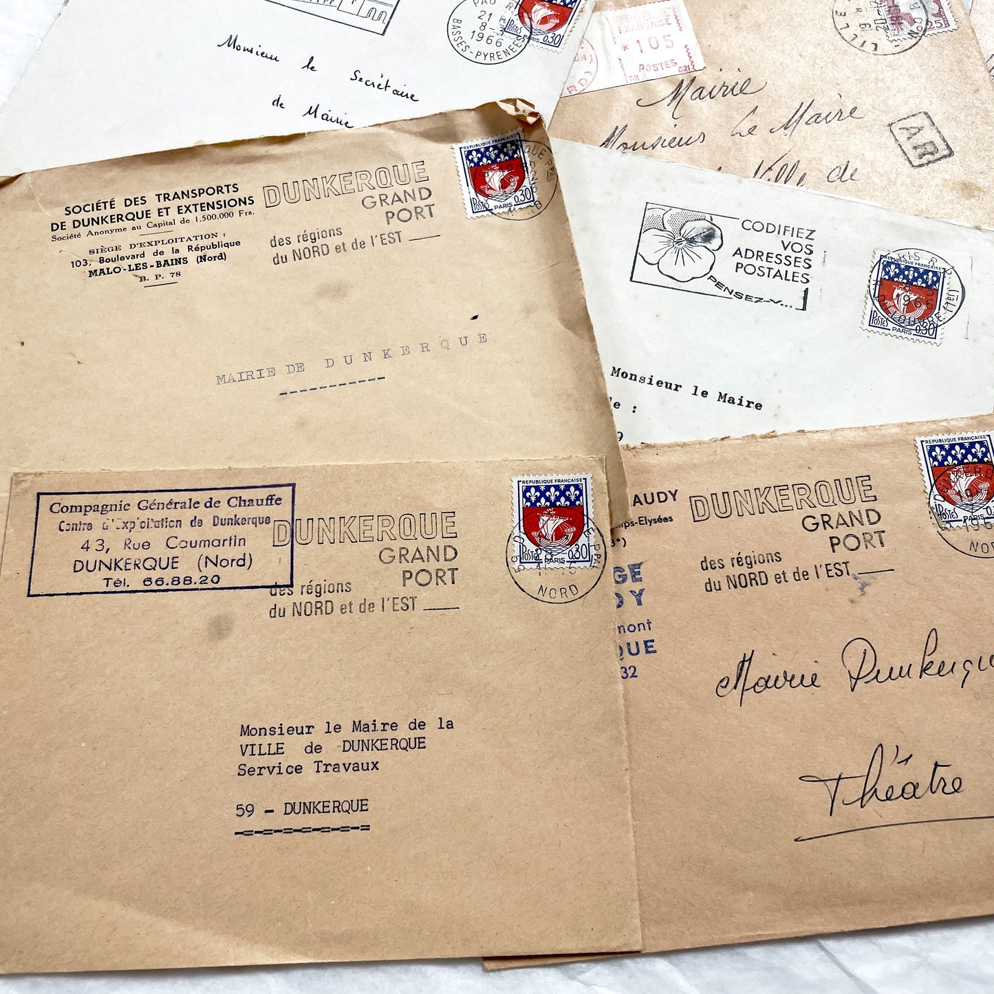 1960s - 20 Vintage French Envelopes Collection - Dunkerque - Historical Ephemera - French Mail - Old Paper Documents - Mid-Century Office