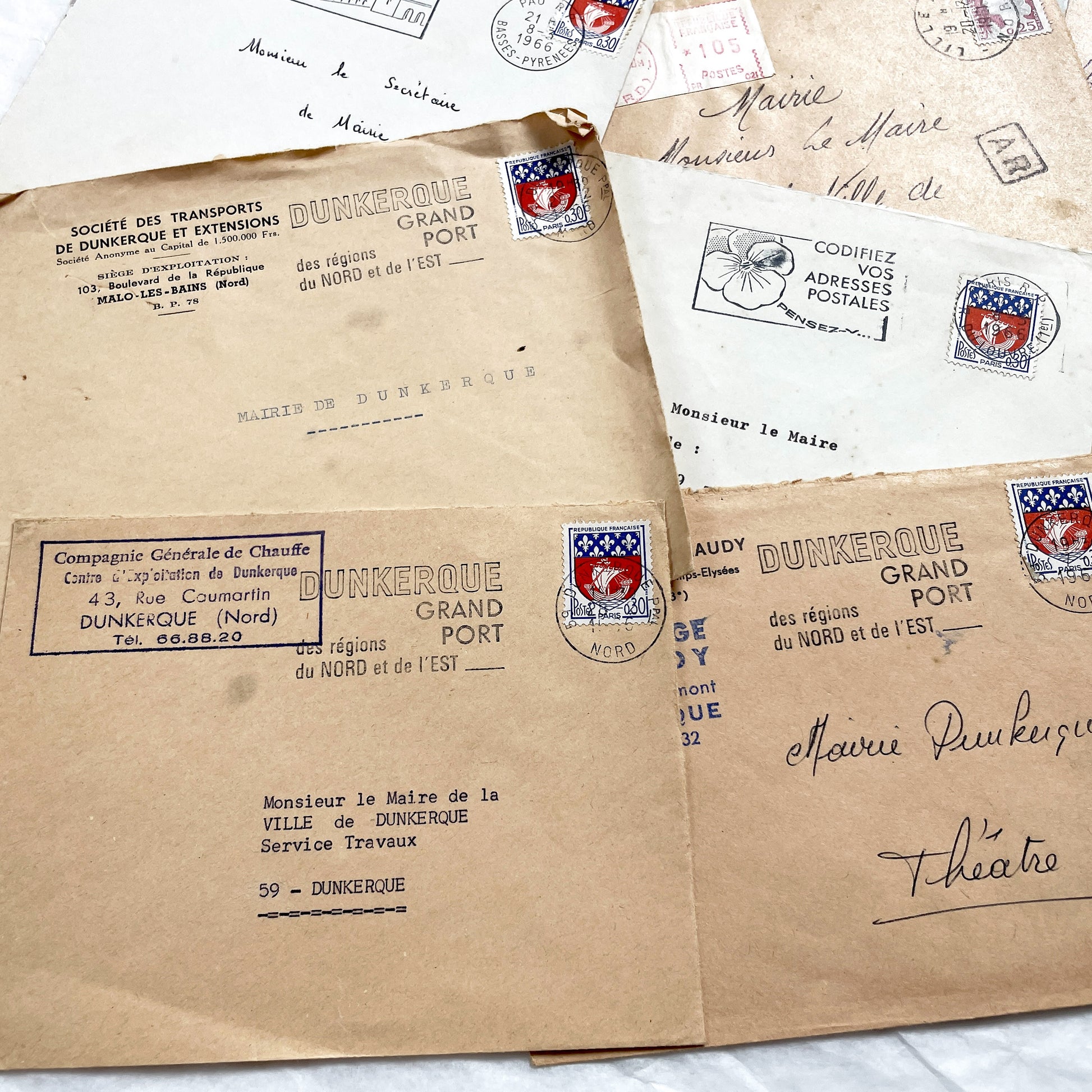 1960s - 20 Vintage French Envelopes Collection - Dunkerque - Historical Ephemera - French Mail - Old Paper Documents - Mid-Century Office