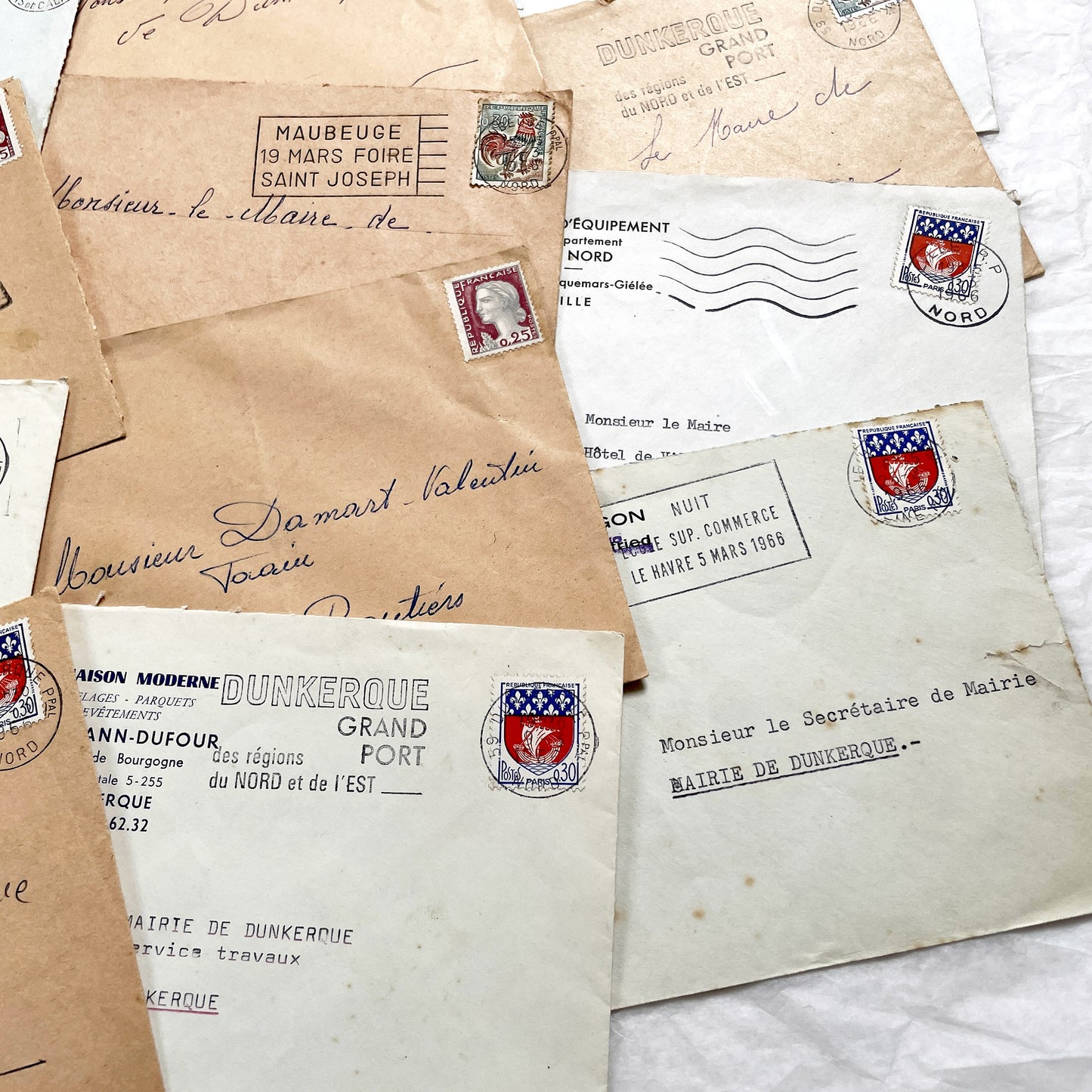 1960s - 20 Vintage French Envelopes Collection - Dunkerque - Historical Ephemera - French Mail - Old Paper Documents - Mid-Century Office