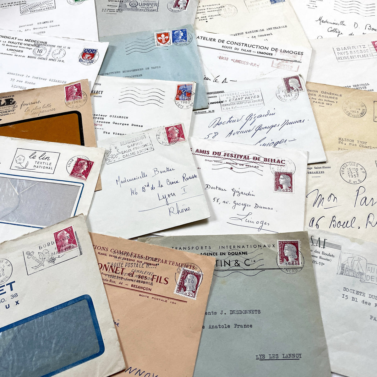 1950s - Lot of 20 Vintage French Business Envelopes – 1950s/1960s Ephemera for Junk Journals, Collage & Paper Crafts