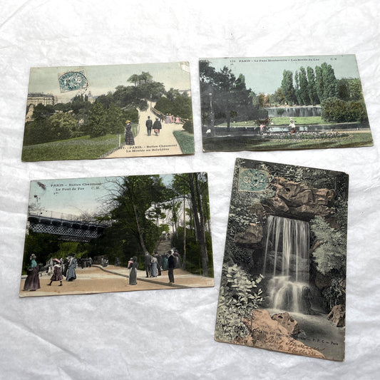 1900s French postcards lot featuring Parisian park scenes from Buttes Chaumont and Parc Montsouris with people.