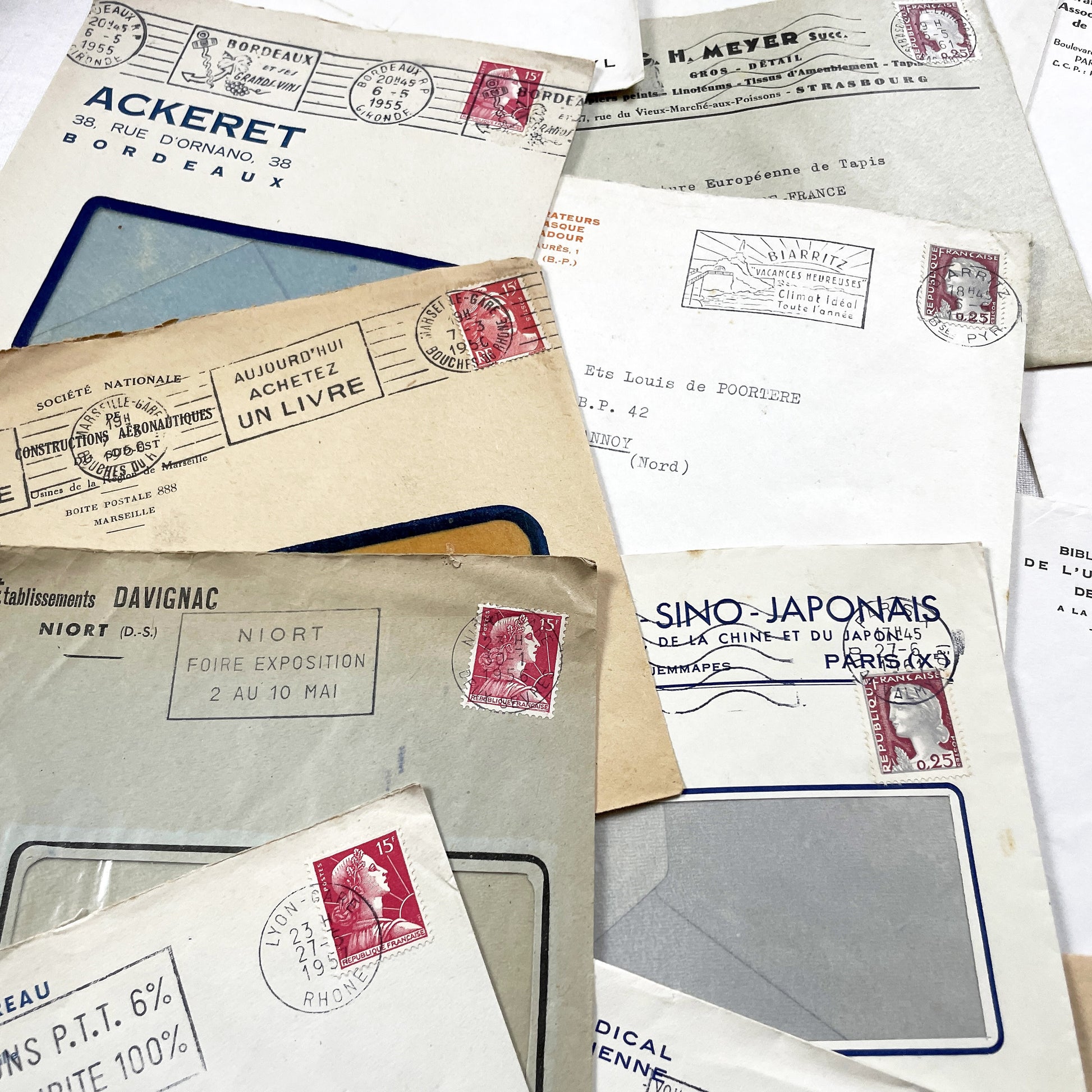 1950s - Lot of 20 Vintage French Business Envelopes – 1950s/1960s Ephemera for Junk Journals, Collage & Paper Crafts