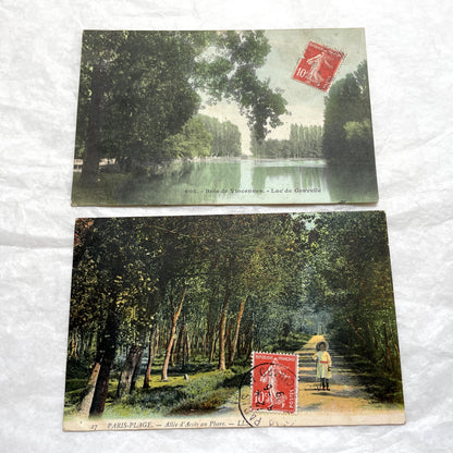 1900s French postcard lot featuring Bois de Vincennes lake and Paris-Plage alley with a person.