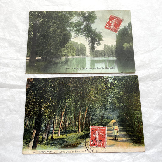 1900s French postcard lot featuring Bois de Vincennes lake and Paris-Plage alley with a person.
