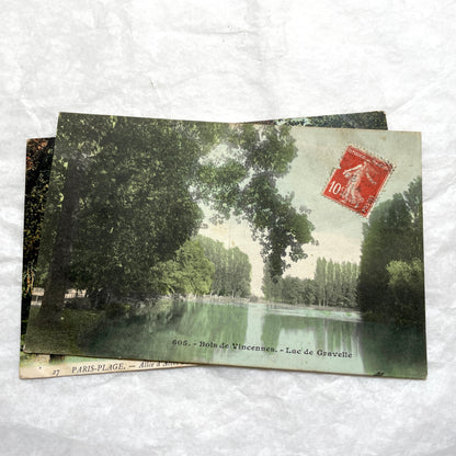 1900s French postcard lot featuring Bois de Vincennes lake and Paris-Plage alley with a person.