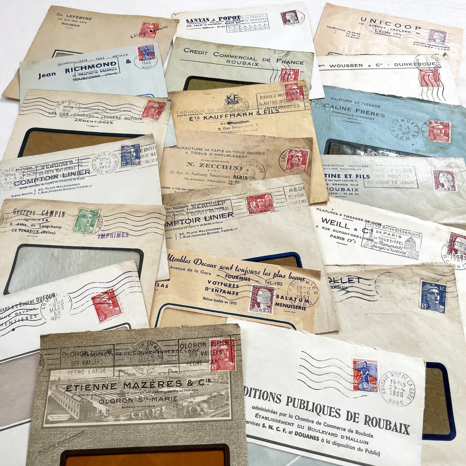 1950s - Lot of 20 Vintage French Business Envelopes – 1950s/1960s Ephemera for Junk Journals, Collage & Paper Crafts