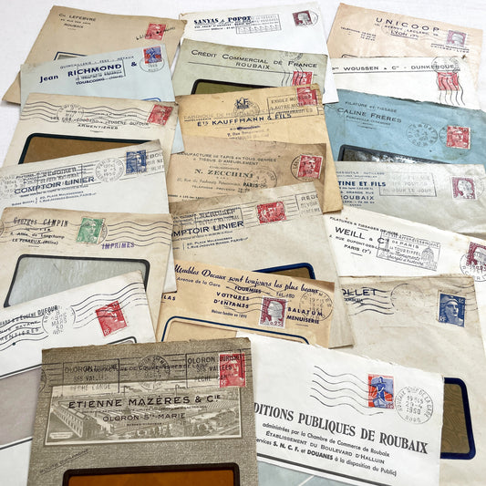 1950s - Lot of 20 Vintage French Business Envelopes – 1950s/1960s Ephemera for Junk Journals, Collage & Paper Crafts