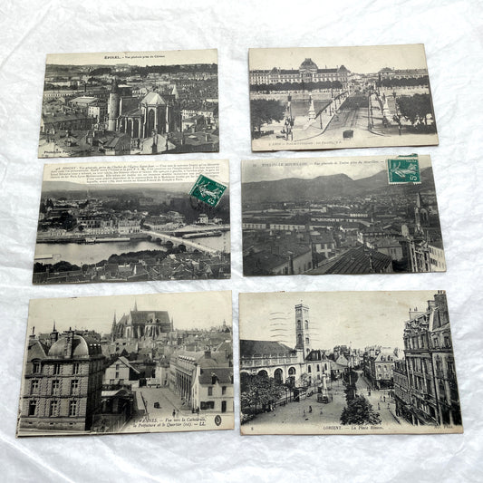 Lot of six 1910s vintage French city view postcards, featuring European architecture and urban landscapes.