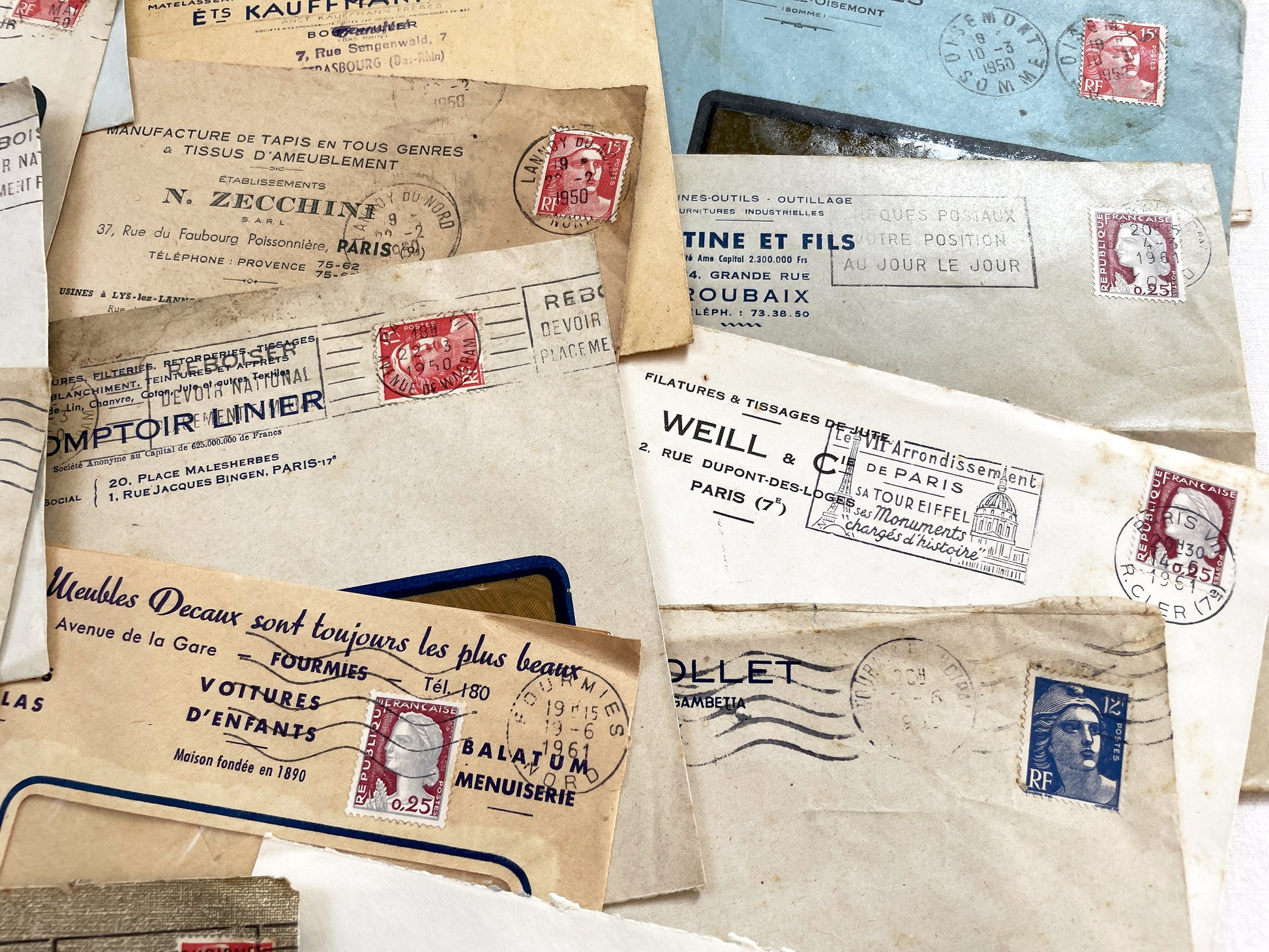 1950s - Lot of 20 Vintage French Business Envelopes – 1950s/1960s Ephemera for Junk Journals, Collage & Paper Crafts
